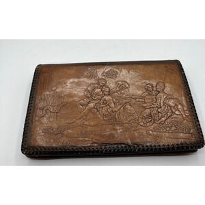 Vintage Reedcraft Leather Trifold Wallet Victorian Dog Women Man Design 8x5"